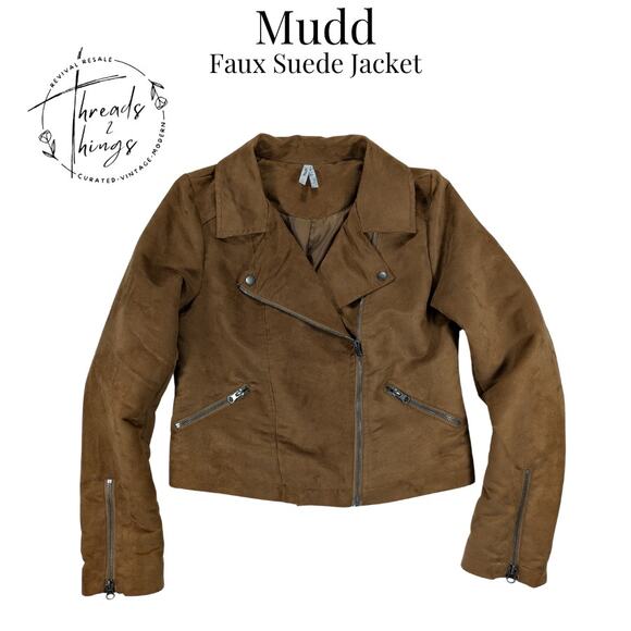 Mudd Jackets & Blazers - Mudd Jacket Women's Lg Brown Faux Suede Moto Short Zip Pockets Fall Autumn Light